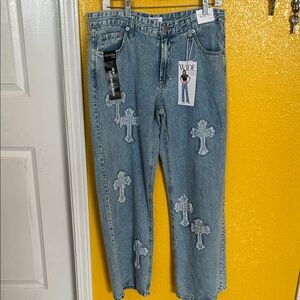 Wide Leg Blue Jeans with Cross Embroidery